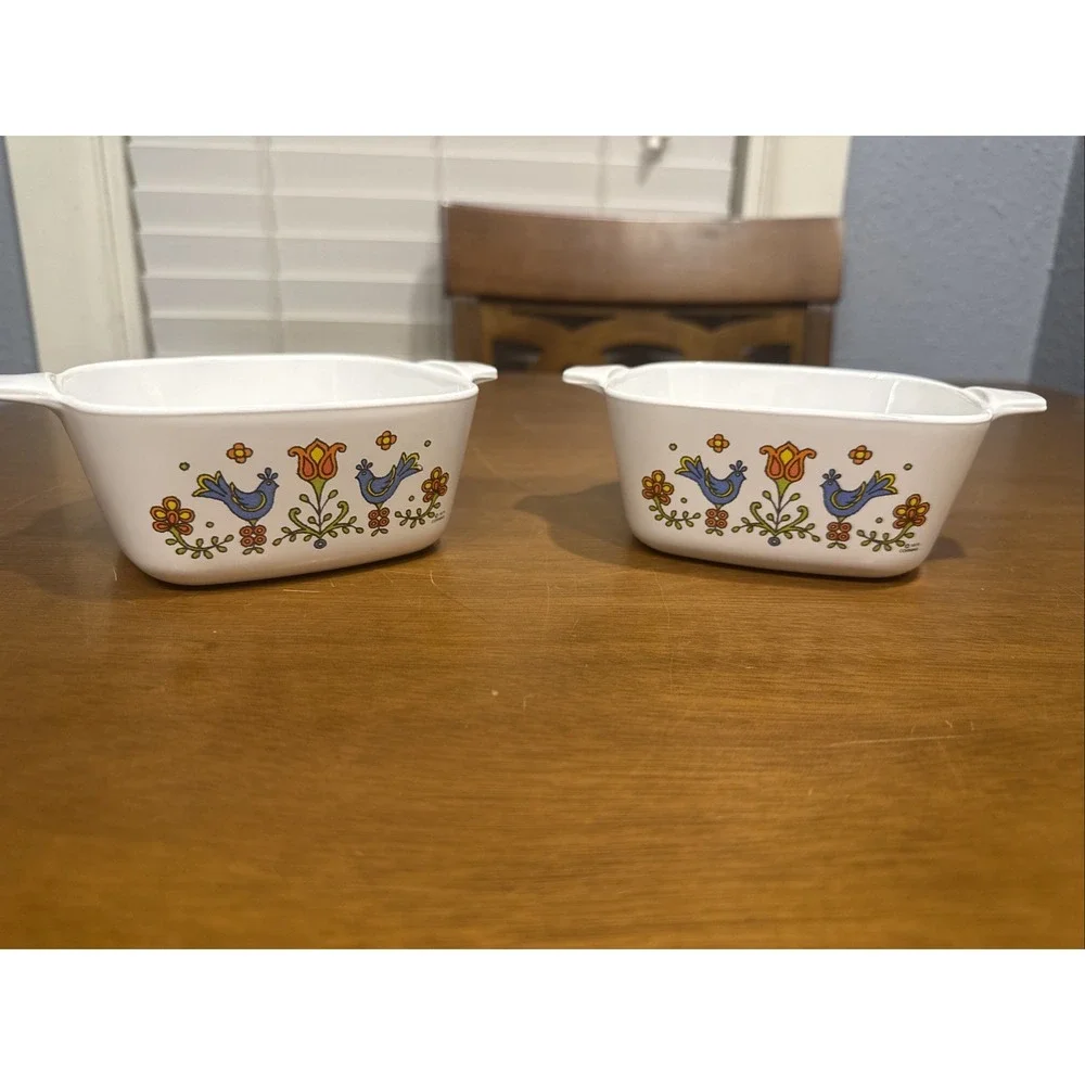 Lot 2 Corning Ware 2 3/4 Cup Dish Country Festival Bluebird P-43-B Vintage 1975